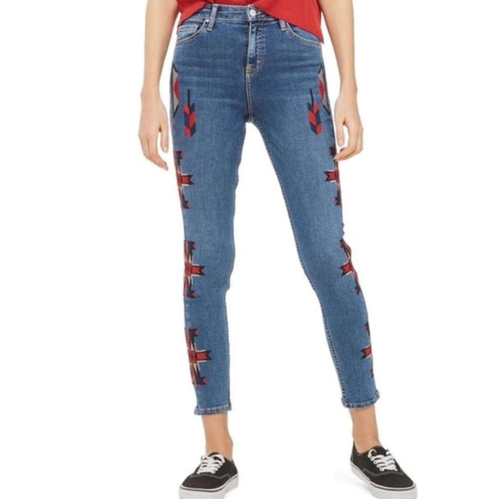 TOPSHOP Jamie Moto Jeans Aztec Embroidered